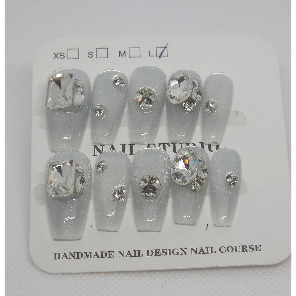 Gray Silver Cat Eye Press On Nails L Coffin Rhinestone Handmade Bling Set